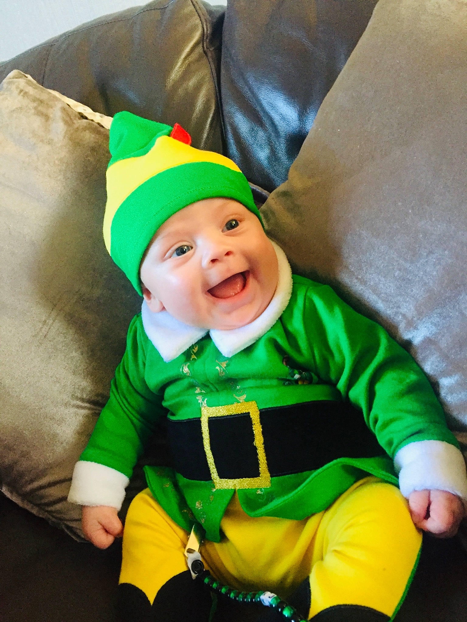 Kj joined the competition — help win amazing prizes! child, christmas, costume, fictional_character, fun, green, headwear, holiday, person, recreation, sleeve, smile, toddler, yellow