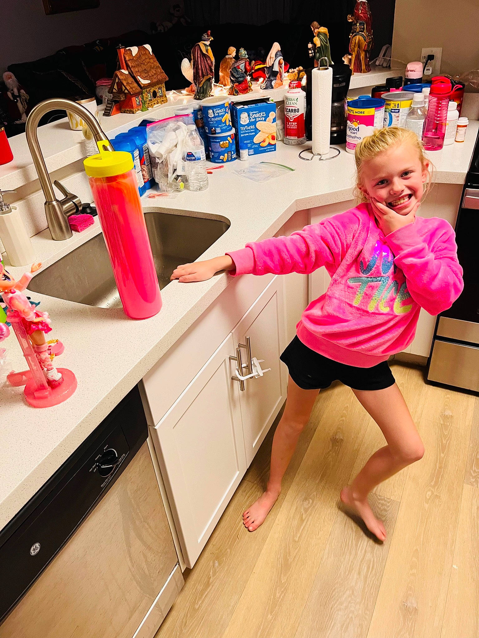 Skylar joined the competition — help win amazing prizes! beauty, cabinetry, countertop, eyewear, floor, flooring, fun, happy, interior_design, joy, kitchen, organ, person, photograph, pink, product, purple, shorts, smile, t_shirt