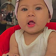 Rosa joined the competition — help win amazing prizes! baby, ball, bracelet, child, curly_hair, cute, expression, face, hand, hat, indoor, pink, playful, portrait, red_chair, sitting, skin, toy, white_tank_top, young