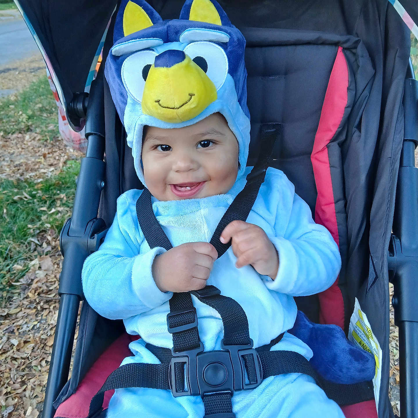 Stefan is registered to the contest to win money with this photo: accessories, baby, bodypart, cap, clothing, coat, costume, face, hardhat, hat, head, helmet, jacket, outdoors, person, photography, portrait, strap, stroller, sunglasses