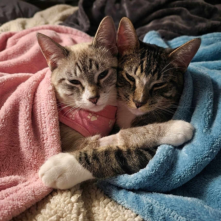 Nami And Sanji joined the competition — help win amazing prizes! cat, cats, animal, pets, blanket, pink_blanket, blue_blanket, snuggling, cozy, paw, fur, tabby, striped, cute, sleepy, indoor, comfort, resting, close_up, warm