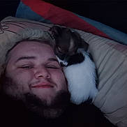 Reggie joined the competition — help win amazing prizes! person, dog, pillow, bed, smile, face, beard, hair, black_clothing, indoor, resting, snuggling, cute, pet, friendship, cozy, closeup, dark_background, comfort, sleepy