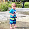 toddler, child, water_park, splash_pad, water_spray, summer, outdoor, play, barefoot, shorts, tshirt, grass, plants, sidewalk, fun, sunny, daytime, nature, happy, cute