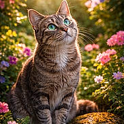 Lolivier Fabric participe au concours pour gagner de l'argent avec cette photo : cat, tabby_cat, green_eyes, moss, rock, flowers, garden, sunlight, nature, outdoor, foliage, pets, animal, mammal, sitting, closeup, whiskers, cute, daylight, peaceful