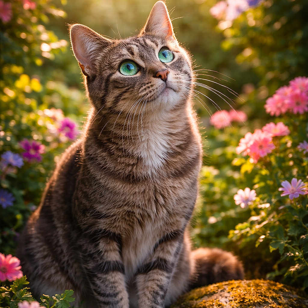 Lolivier Fabric participe au concours pour gagner de l'argent avec cette photo : animal, cat, closeup, cute, daylight, flowers, foliage, garden, green_eyes, mammal, moss, nature, outdoor, peaceful, pets, rock, sitting, sunlight, tabby_cat, whiskers
