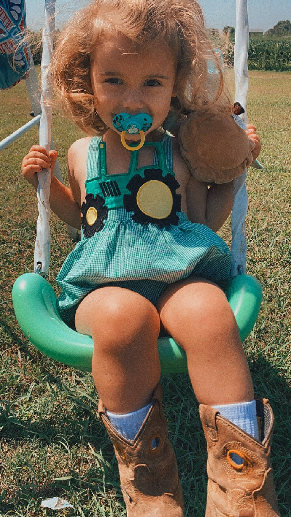 Brynlee joined the competition — help win amazing prizes! baby_toddler_clothing, blond, cool, dress, electric_blue, eyewear, fawn, fun, grass, green, hair, hairstyle, happy, human_leg, knee, leg, person, shoe, sneakers, thigh