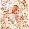 baby, twin, girl, bow, headband, butterfly, heart, teddy_bear, pink, cute, infant, illustration, collage, text_overlay, love, soft_colors, flower, outfit, pose, adorable