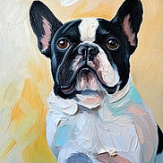 Emma joined the competition — help win amazing prizes! dog, french_bulldog, oil_painting, portrait, animal, art, painting, black_and_white, ears, brown_eyes, texture, brush_strokes, abstract_background, pet, canine, close_up, expression, studio, colorful, artwork