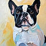 abstract_background, animal, art, artwork, black_and_white, brown_eyes, brush_strokes, canine, close_up, colorful, dog, ears, expression, french_bulldog, oil_painting, painting, pet, portrait, studio, texture