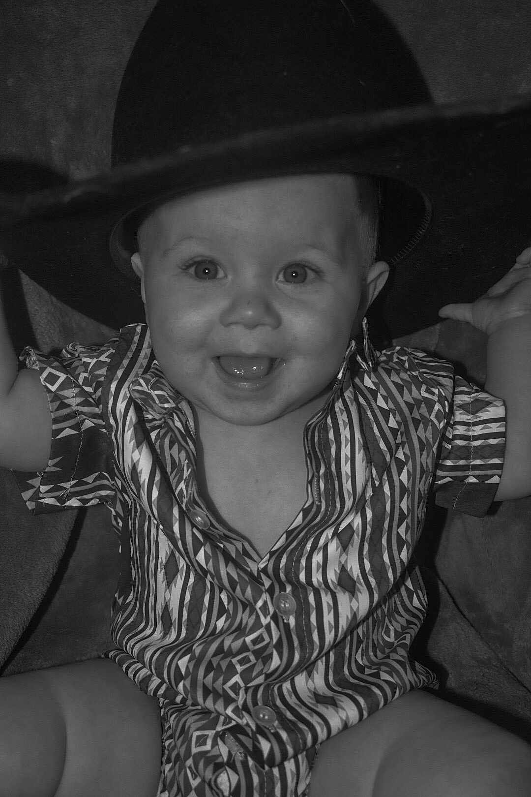 Harlan joined the competition — help win amazing prizes! baby, child, smiling, hat, patterned_shirt, tongue_out, portrait, happy, cute, infant, sitting, clothing, face, eyes, arms, indoor, headwear, expression, young, person