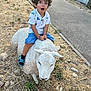 Nael participe au concours pour gagner de l'argent avec cette photo : background, blue_shorts, casual_clothing, child, curly_hair, daylight, dry_grass, expression, green_plants, nature, outdoor, pathway, playful, rocks, sandals, sculpture, sitting, surprised, white_sheep_statue, white_shirt