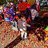 child, toddler, hoodie, autumn_leaves, halloween, inflatable_decorations, pumpkin_head, ghost, skeleton, clown, purple_creature, grave_marker, outdoor, fall, costume, holiday, decoration, daylight, person, festive