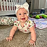 baby, child, crawling, carpet, bow, headband, smiling, happy, nursery, crib, toy, floor, indoor, person, cute, infant, clothing, pink, playmat, home
