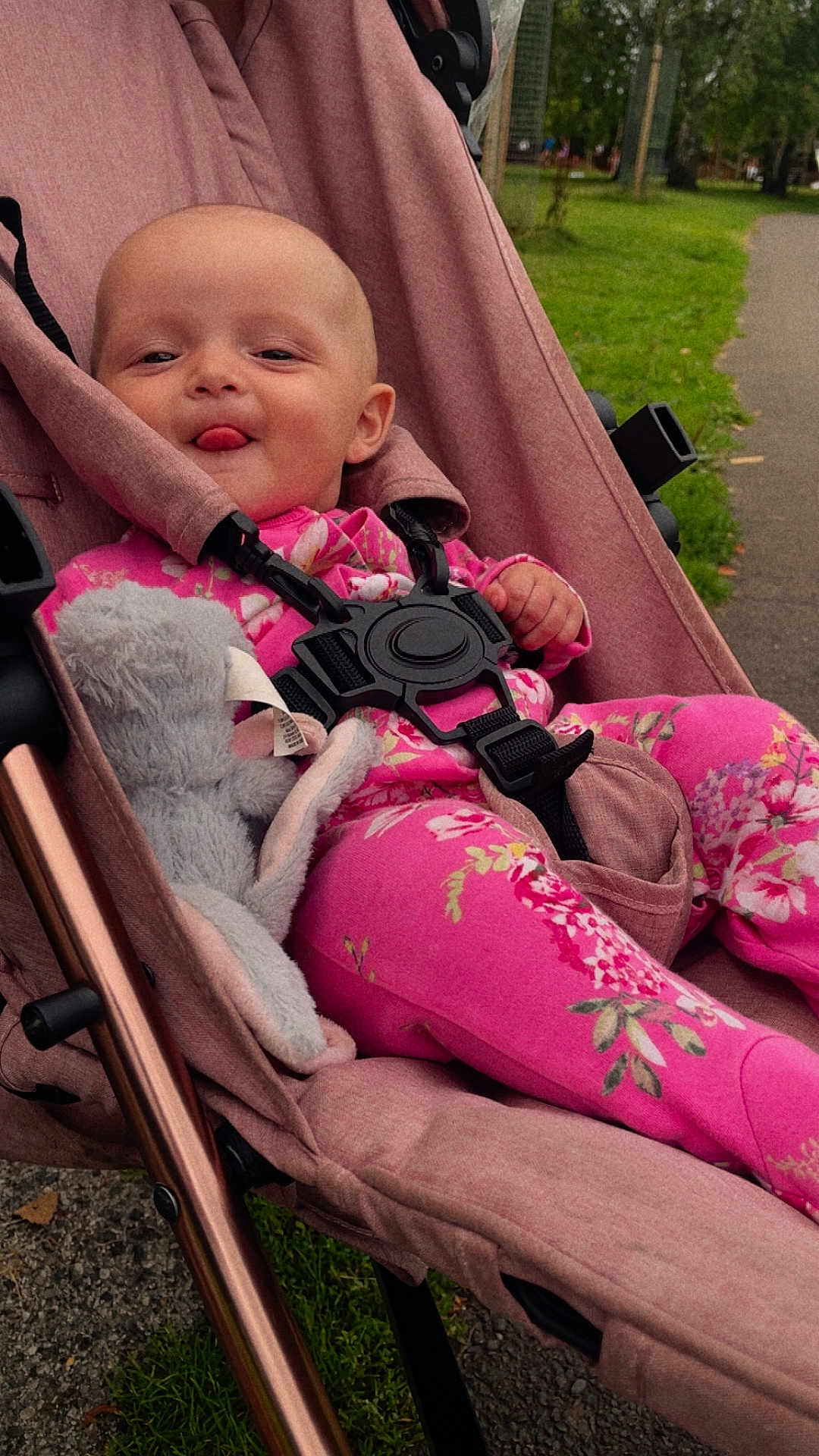 Ava joined the competition — help win amazing prizes! baby, child, stroller, pink_clothing, plush_toy, outdoor, park, tongue_out, happy, seatbelt, infant, grass, pathway, cute, person, smiling, nature, relaxed, casual, baby_girl
