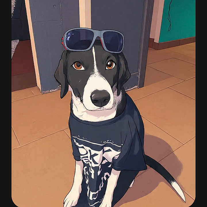 Oreo a rejoint le concours — aidez-le/la à gagner de superbes lots ! dog, indoor, clothing, sunglasses, black_and_white, pet, floor, tiled_floor, wall, door, animal, sitting, portrait, cute, fashion, accessory, canine, looking_up, house, pet_clothing