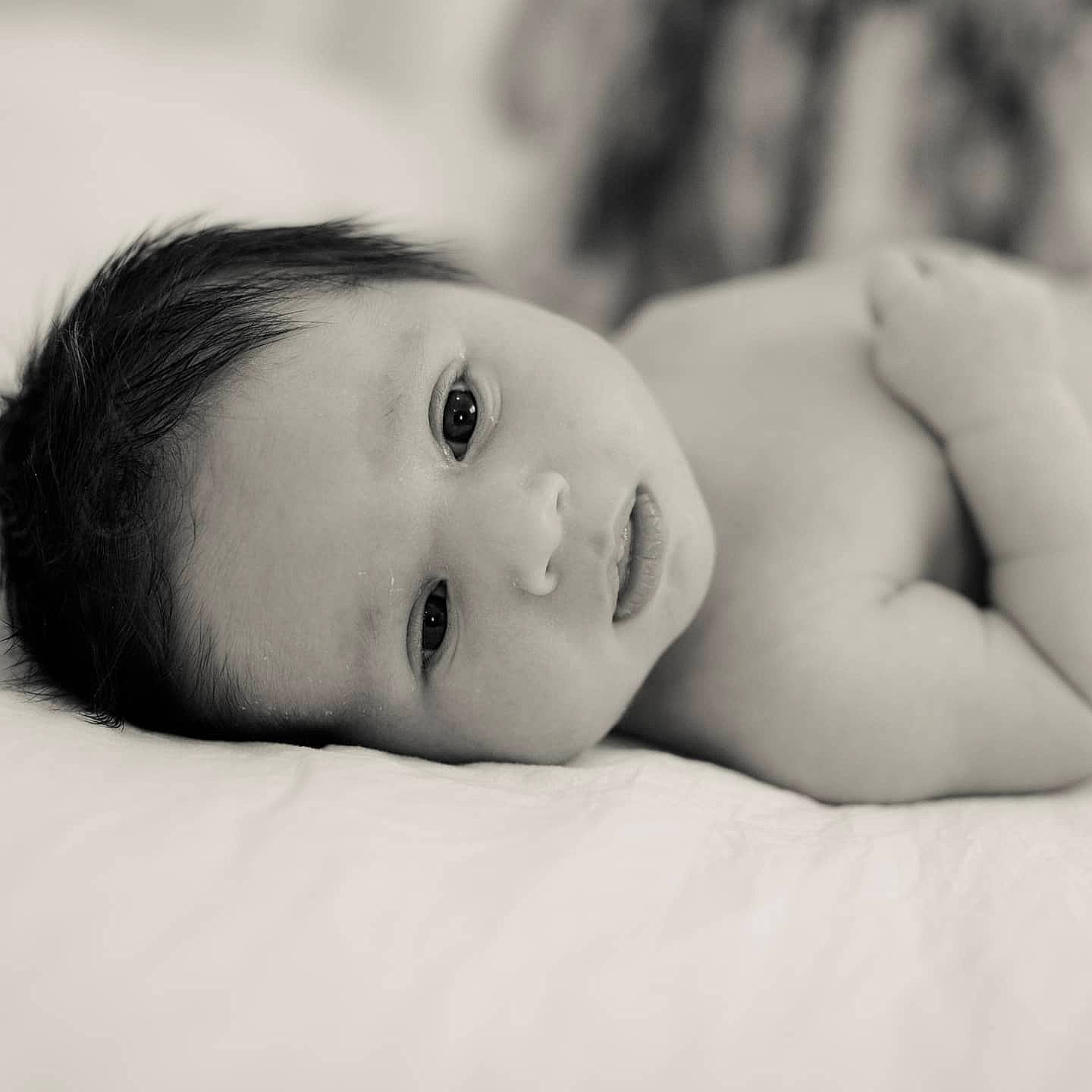 Wylder is registered to the contest to win money with this photo: arm, baby, cheek, chest, comfort, eyebrow, eyelash, face, flash_photography, fur, happy, human_body, iris, lip, monochrome, monochrome_photography, neck, no_expression, nose, person