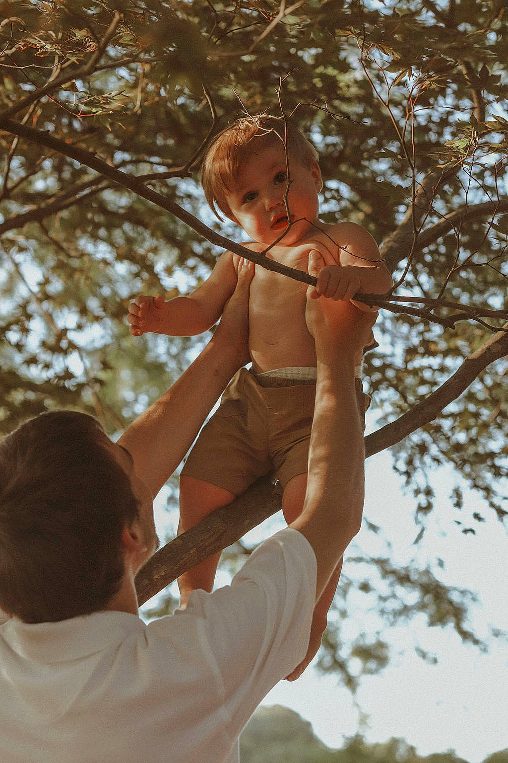 Wylder is registered to the contest to win money with this photo: arm, barechested, branch, chest, dress, elbow, flash_photography, gesture, grass, happy, leisure, people_in_nature, person, recreation, shoulder, sky, toy, tree, trunk, twig