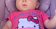 Milly is registered to the contest to win money with this photo: baby, car_seat, child, clothing, curious_expression, cushion, cute, foot, head, hello_kitty, indoors, infant, person, pink_clothing, portrait, purple, seatbelt, sitting, wide_eyes, young_child