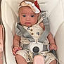 Alba participe au concours pour gagner de l'argent avec cette photo : baby, infant, child, high_chair, seat_belt, headband, romper, blue_eyes, barefoot, indoor, wooden_door, white_leather, pink_accent, expression, cute, sitting, safety_harness, person, face, furniture