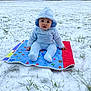 baby, child, snow, outdoor, blanket, blue_clothing, hood, grass, house, winter, cold, sitting, curious, person, yard, nature, daylight, cute, infant, playtime