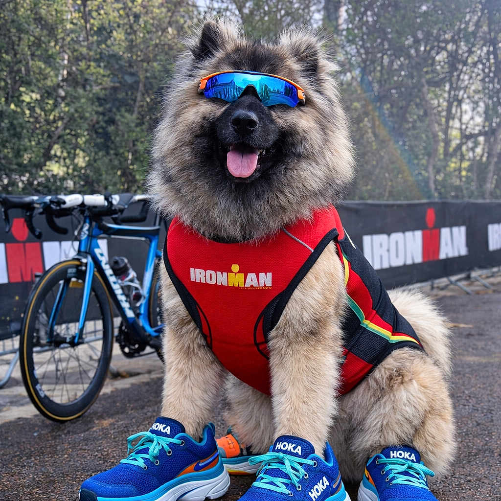 Vasco a rejoint le concours — aidez-le/la à gagner de superbes lots ! dog, running_shoes, sunglasses, red_vest, ironman, bike, outdoor, race_track, sportswear, fluffy, tongue_out, blue_shoes, sunny, trees, pavement, pet, canine, funny_costume, sport_event, active