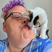 Yoda joined the competition — help win amazing prizes! affection, brown_patches, cat, closeup, curly_hair, cute, feline, glasses, happy, human, indoor, kiss, kitten, person, pet, purple_hair, short_hair, shoulder, striped_shirt, white_cat