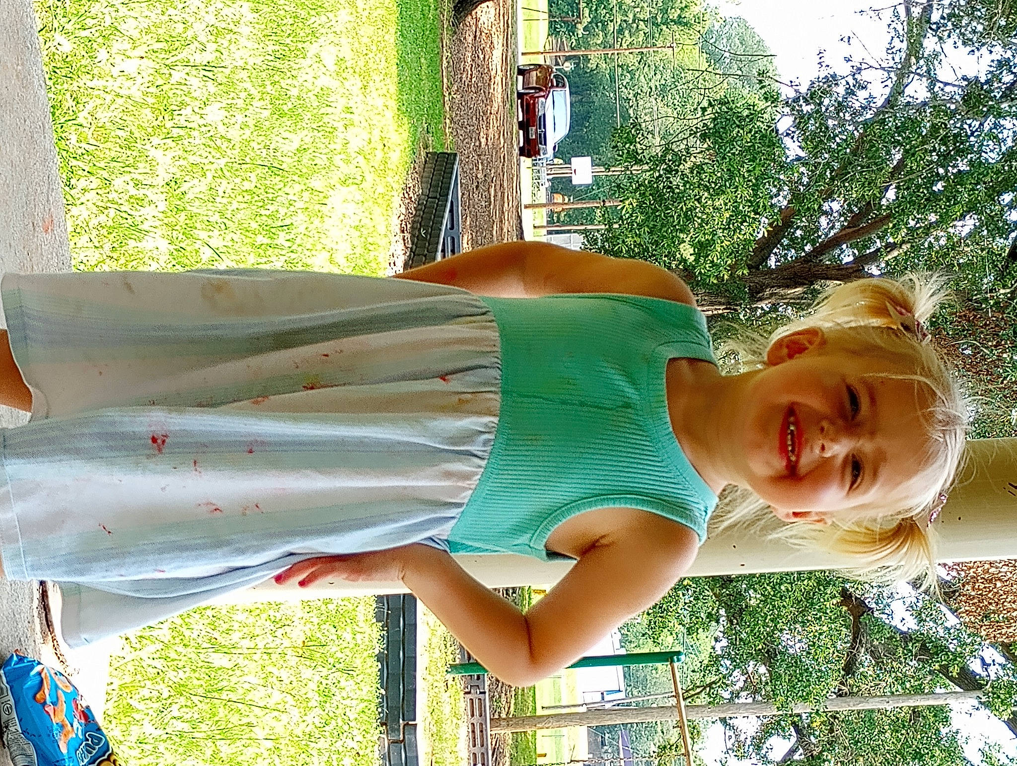 Victoria Desalvo joined the competition — help win amazing prizes! day_dress, dress, fun, grass, happy, human_body, human_leg, joy, leisure, people_in_nature, person, plant, smile, summer, thigh, toddler, tree, vacation, waist, water