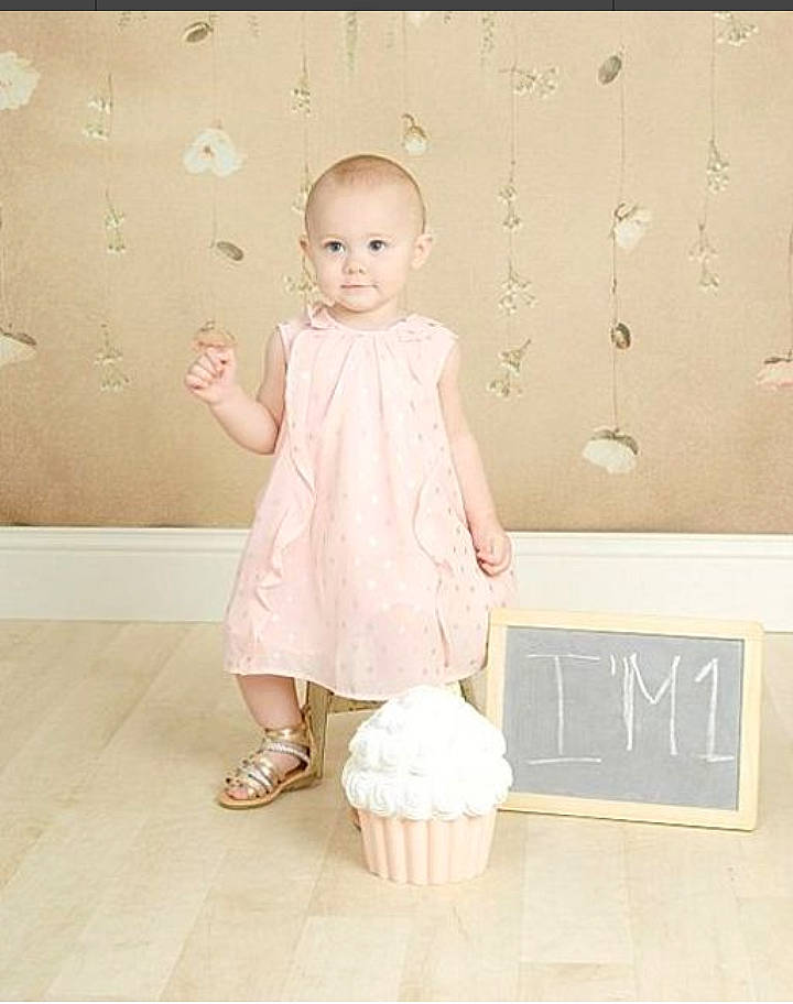 Willow joined the competition — help win amazing prizes! baby, baby_toddler_clothing, beige, child, child_model, clothing, dress, floor, joint, pattern, person, pink, shoulder, sleeve, toddler, white