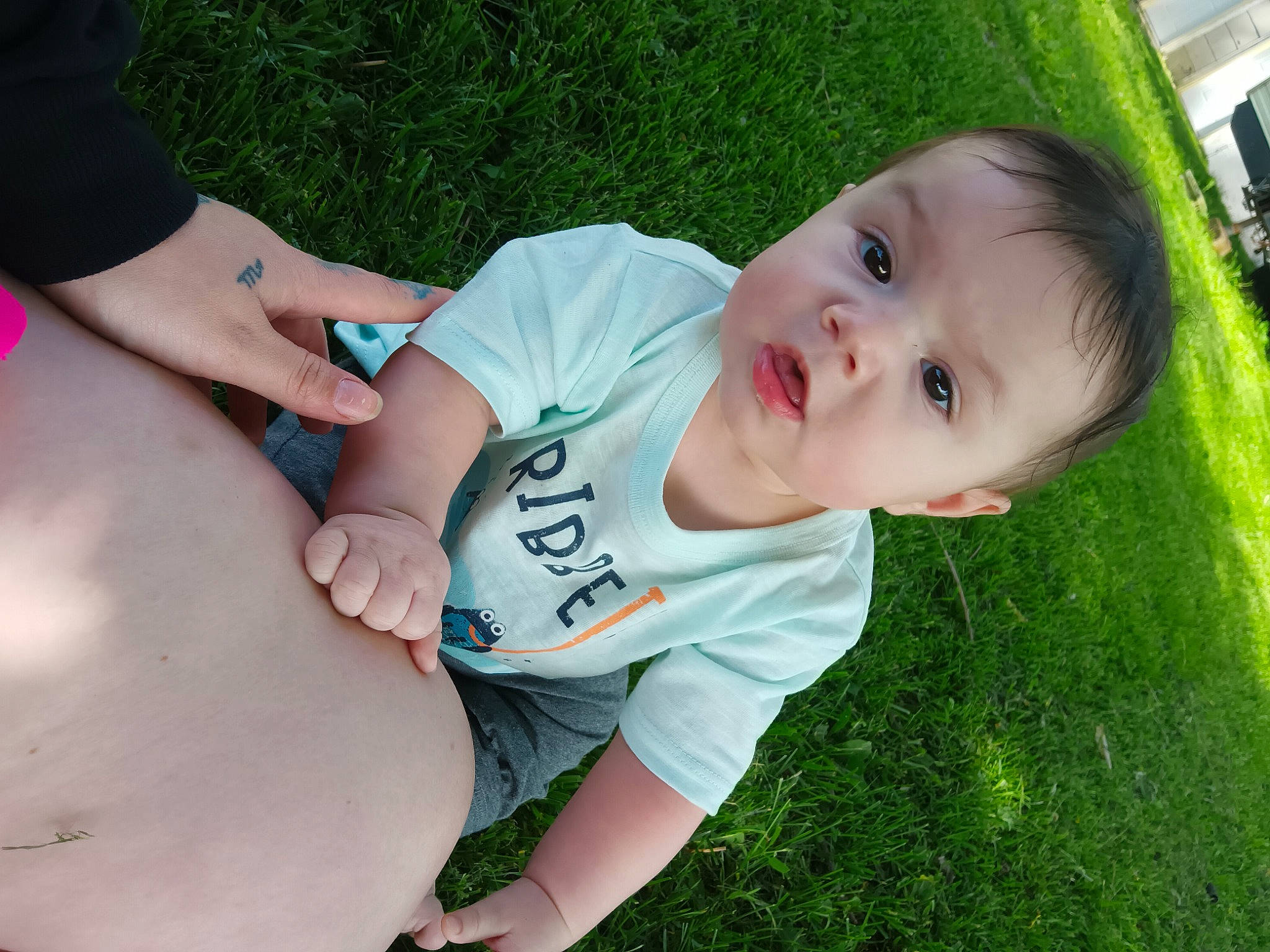 Nathan is registered to the contest to win money with this photo: baby, baby_toddler_clothing, elbow, grass, green, happy, human_body, lawn, leaf, leg, leisure, mammal, people_in_nature, person, plant, shorts, skin, smile, surprise, thigh