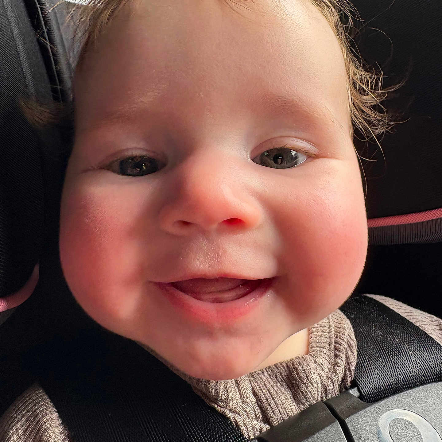 Luna joined the competition — help win amazing prizes! accessories, baby, belt, bodypart, car, car_interior, carseat, clothing, cushion, face, happy, head, homedecor, mouth, person, photography, portrait, smile, transportation, vehicle