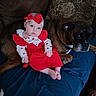 animal, baby, blue_eyes, child, comfort, couch, cute, dog, domestic_animal, fabric, friendship, fur, headband, indoor, living_room, pet, portrait, red_dress, relaxing, seated