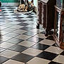 dog, german_shepherd, indoor, tile_floor, checkered_floor, rug, door, window, cabinet, furniture, vintage, wooden, relaxed, pet, animal, flooring, mat, quiet, calm, home