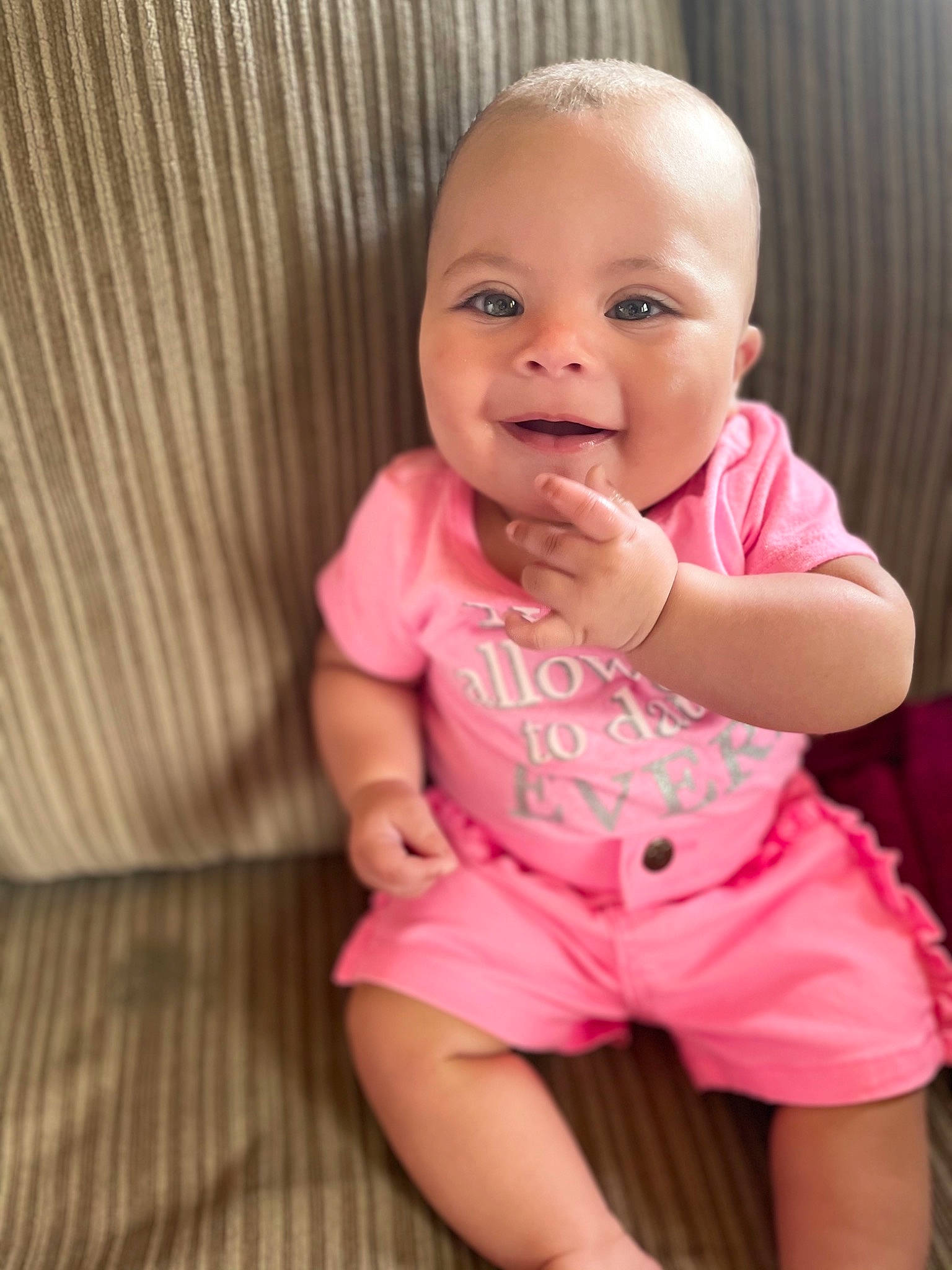 Patience joined the competition — help win amazing prizes! baby_toddler_clothing, cheek, eye, face, finger, gesture, hairstyle, hand, happy, human_body, iris, joy, leg, lip, mouth, neck, nose, person, pink, skin