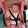 Azzalia is registered to the contest to win money with this photo: baby, child, clothing, cute, fabric, hand, happy, indoor, infant, person, pink, playful, plush, seatbelt, sitting, soft, stroller, toddler, toy, young