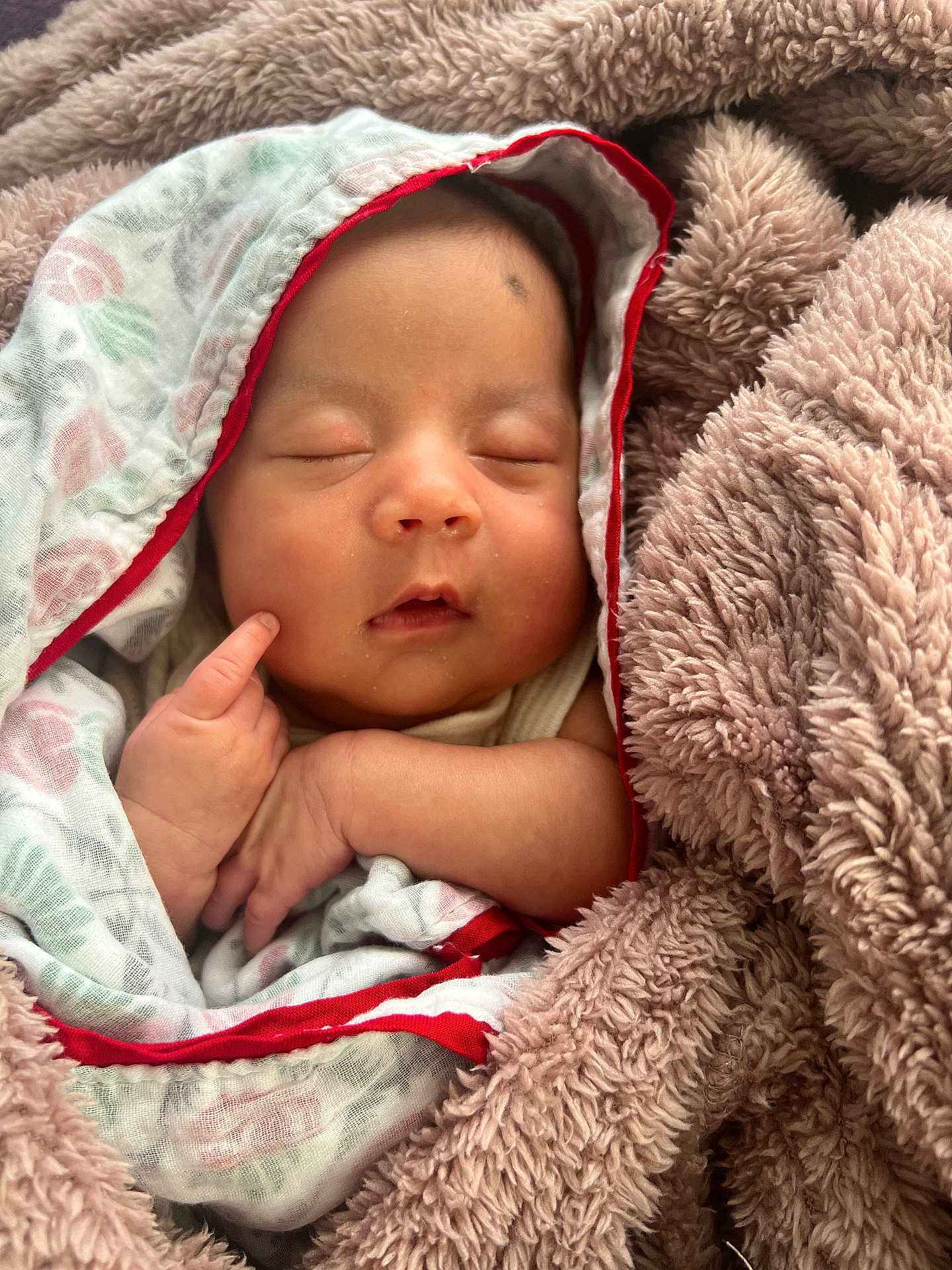 Purvi Manandhar is registered to the contest to win money with this photo: baby, sleeping, blanket, soft, cozy, infant, wrapped, clothing, child, peaceful, face, hand, cute, newborn, comfort, warm, resting, portrait, indoors, babywear