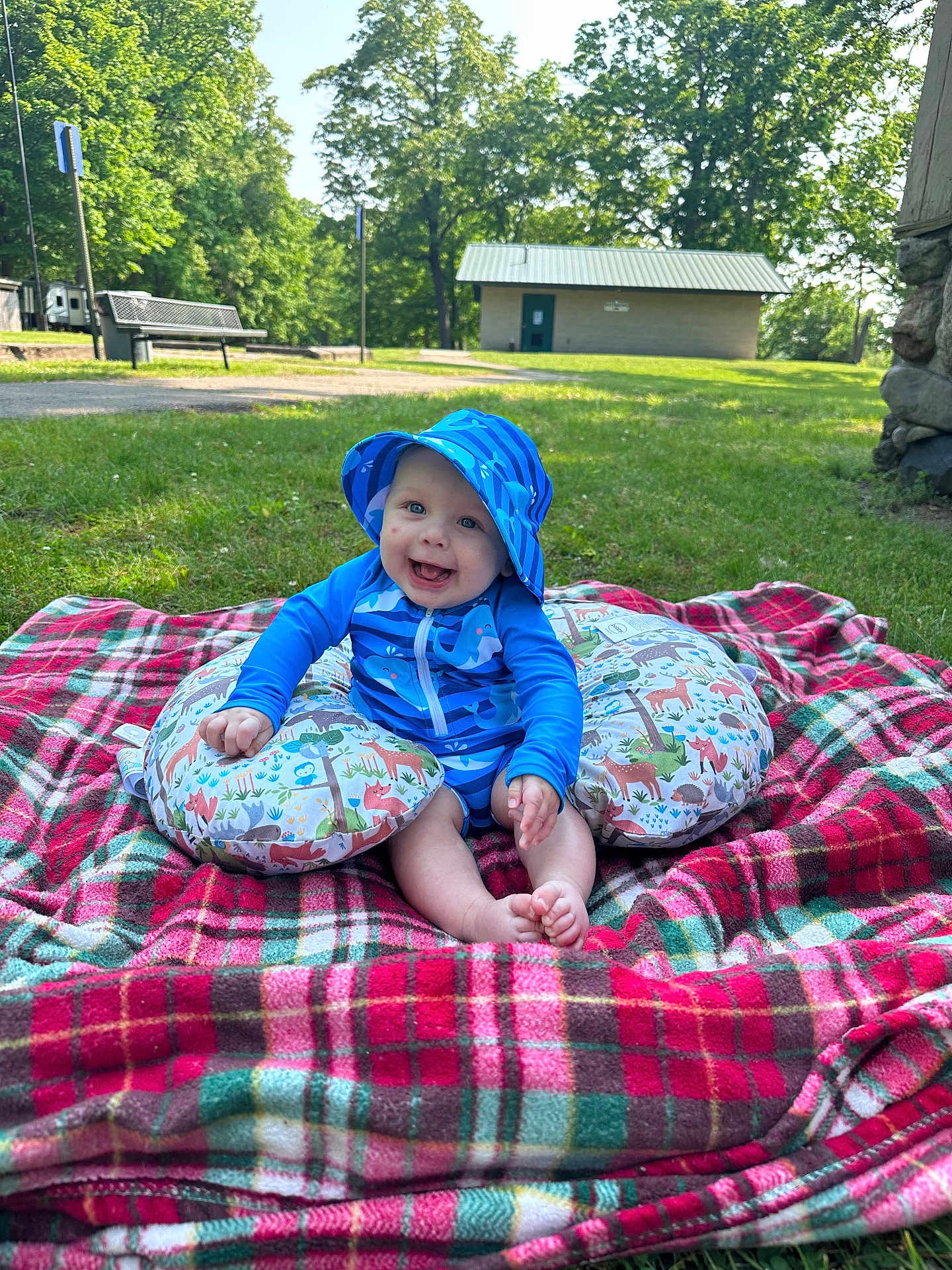 Weston is registered to the contest to win money with this photo: baby, child, blue_hat, blue_clothing, plaid_blanket, pillow, grass, park, trees, sunny, outdoor, smiling, happy, sitting, nature, daylight, infant, cute, playful, relaxing