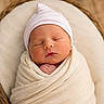newborn, baby, swaddled, sleeping, hat, blanket, basket, infant, peaceful, soft, cute, portrait, cozy, closeup, headwear, wrapped, indoors, wooden_floor, resting, child