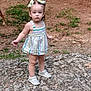 Anya joined the competition — help win amazing prizes! toddler, child, outdoor, rock, dress, shoes, hair_bow, grass, dirt, dog_leg, person, young_child, nature, footwear, standing, casual_clothing, summer, bare_legs, expressionless, background