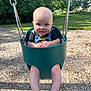baby, child, swing, playground, outdoor, green, grass, tree, woodchips, sunlight, happy, smiling, infant, person, seat, summer, park, cute, foot, blue_eyes