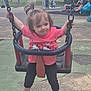 toddler, child, swing, playground, park, pink_shirt, hello_kitty, black_leggings, white_socks, hair_tie, play, outdoor, fun, smile, happy, person, chain, seat, people, trees