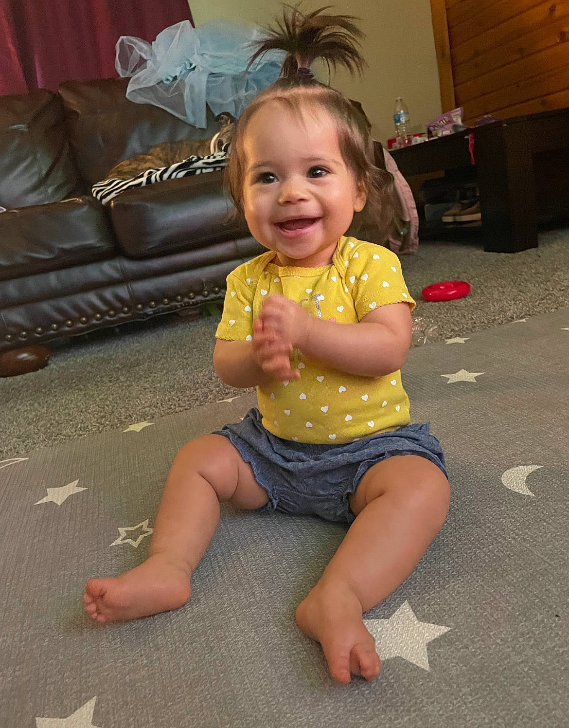 Avery joined the competition — help win amazing prizes! arm, baby_toddler_clothing, cheek, chin, couch, eye, finger, floor, flooring, furniture, hair, happy, head, human_body, iris, joy, lap, leg, person, skin