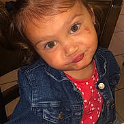 Esmée participe au concours pour gagner de l'argent avec cette photo : child, girl, pigtails, denim_jacket, red_shirt, indoor, table, chair, playful, cute, face, portrait, expression, brown_eyes, hair_ties, casual_clothing, smirk, seated, tile_floor, furniture