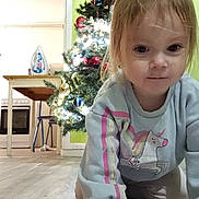 Mayllie participe au concours pour gagner de l'argent avec cette photo : child, toddler, unicorn, sweatshirt, crawling, floor, christmas_tree, ornaments, lights, holiday, indoor, kitchen, table, chair, appliance, green_wall, wooden_floor, person, face, hand