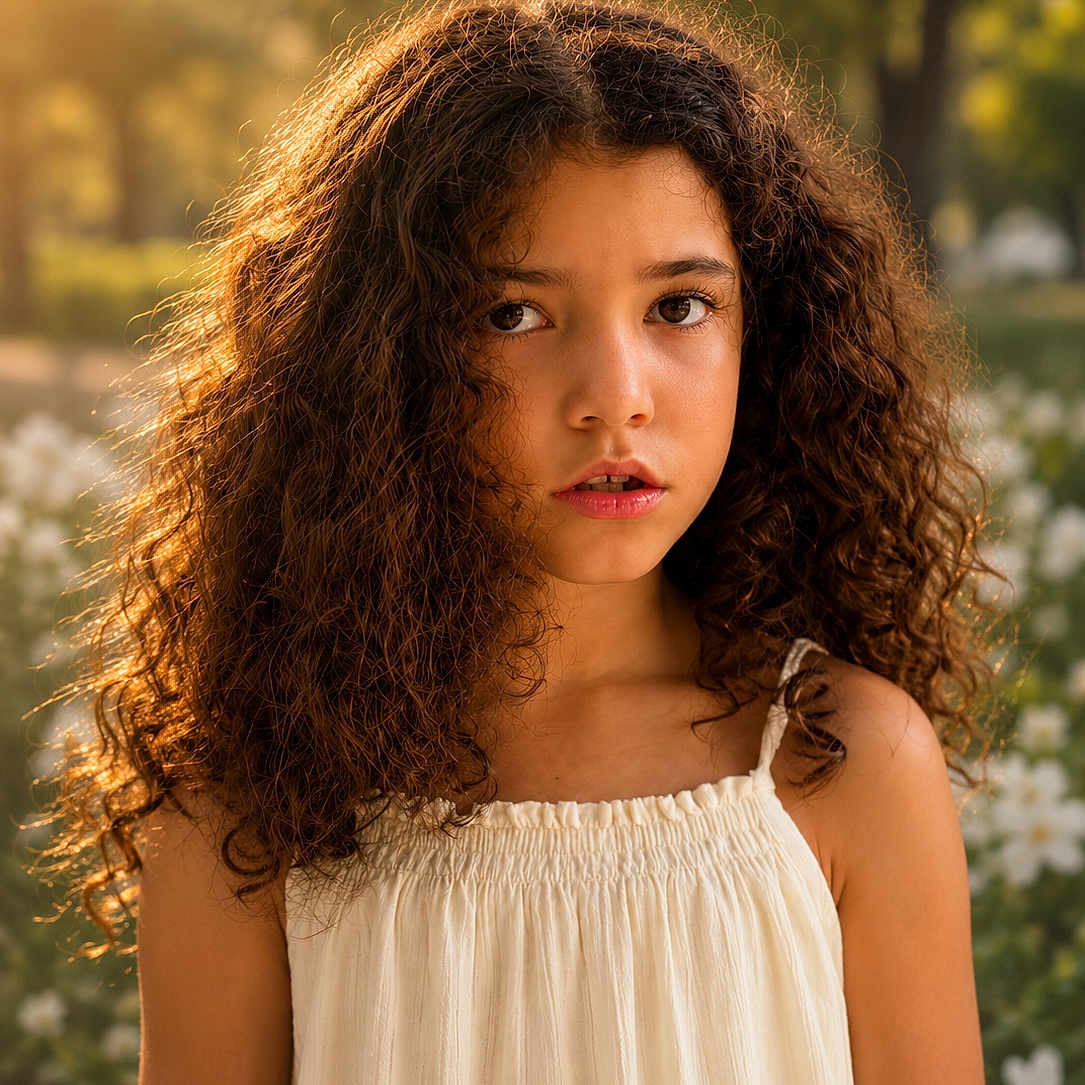 Asena joined the competition — help win amazing prizes! child, girl, curly_hair, outdoor, flower_garden, sunlight, golden_hour, portrait, dress, nature, young, face, expression, summer, daylight, greenery, beauty, soft_light, serene, person