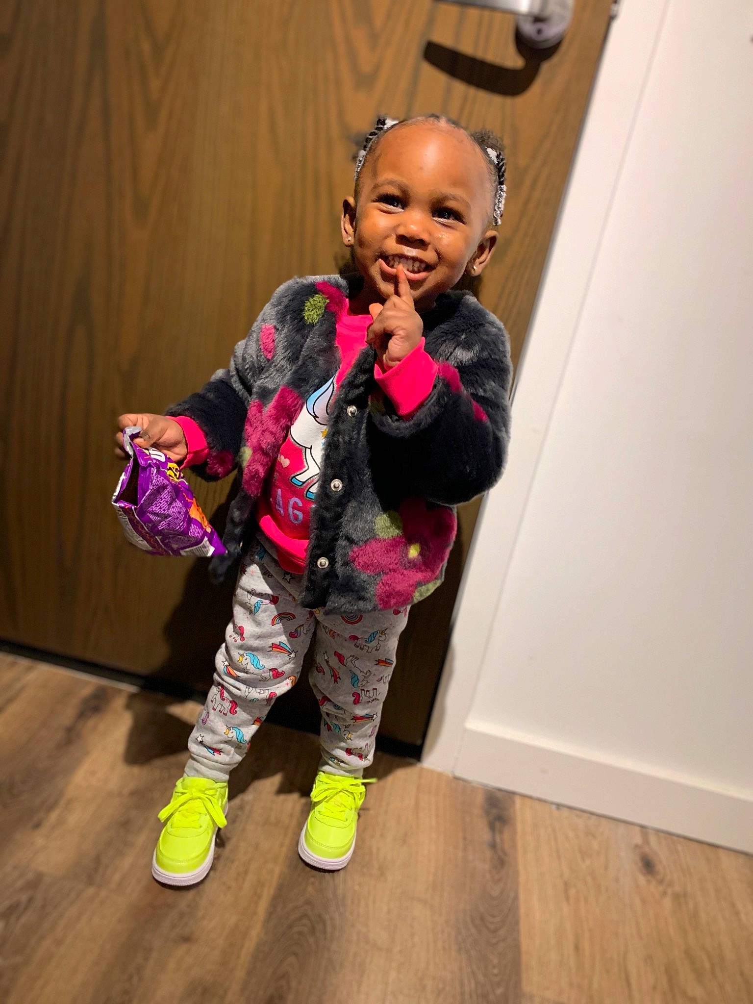 Maliah joined the competition — help win amazing prizes! cheek, child, fun, happy, joy, outerwear, pajamas, person, pink, play, shoe, skin, smile, standing, toddler, vacation