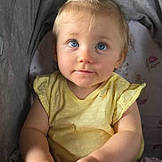 Atlanta-Marie joined the competition — help win amazing prizes! baby, child, blue_eyes, yellow_bow, yellow_shirt, blanket, crocheted_blanket, hand, face, hair, highchair, indoor, infant, person, portrait, cute, curious, seated, soft_lighting, cloth