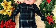 Parker joined the competition — help win amazing prizes! baby, blanket, celebration, christmas, cute, face, festive, gold_flower, greenery, head, holiday_decor, indoors, infant, lying_down, peaceful, plaid_onesie, poinsettia, red_flower, soft_texture, wreath