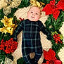 baby, blanket, celebration, christmas, cute, face, festive, gold_flower, greenery, head, holiday_decor, indoors, infant, lying_down, peaceful, plaid_onesie, poinsettia, red_flower, soft_texture, wreath