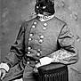 black_cat, cat_head, vintage_photo, black_and_white, military_uniform, portrait, old_fashioned, comedy, surreal, whiskers, animal_head, historical_style, seated, formal, buttons, monochrome, costume, human_body, photo_manipulation, face_swap
