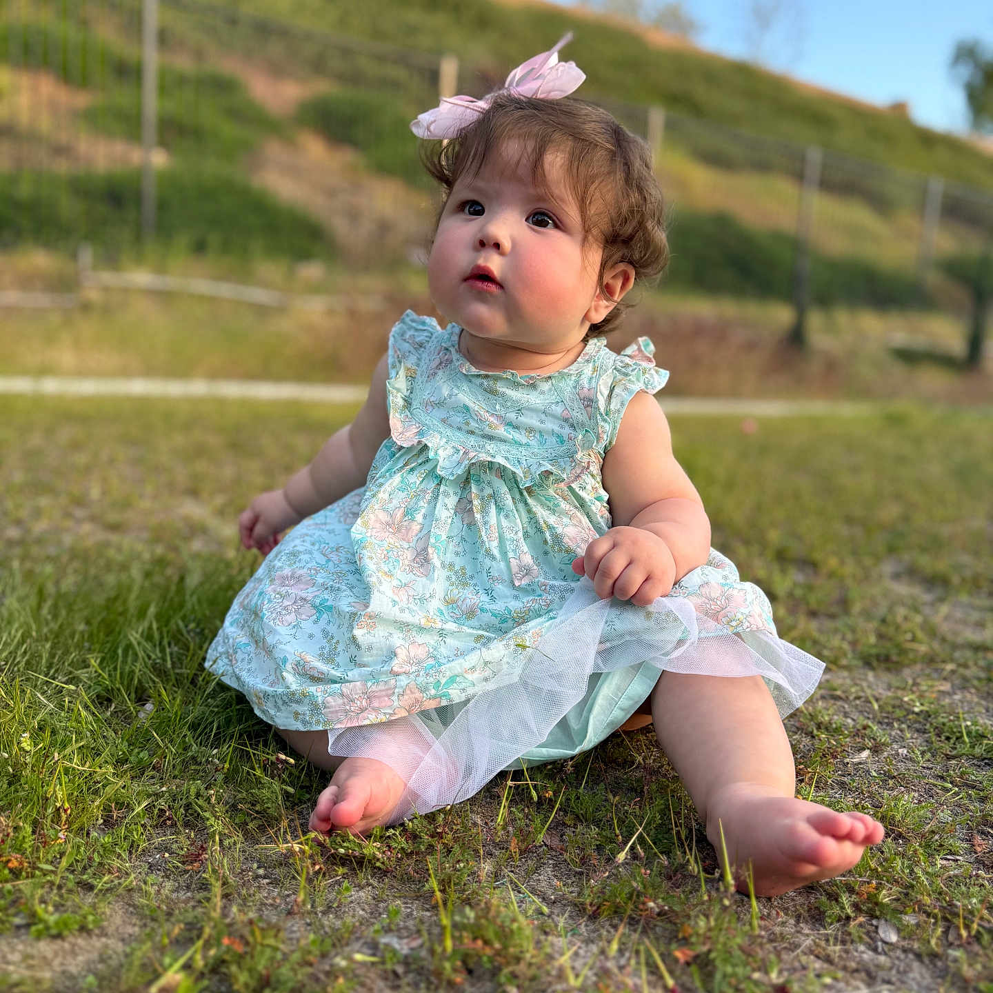 Callie is registered to the contest to win money with this photo: baby, bodypart, clothing, dress, face, field, finger, formalwear, grass, grassland, hand, head, lawn, nature, outdoors, person, photography, plant, portrait, sitting
